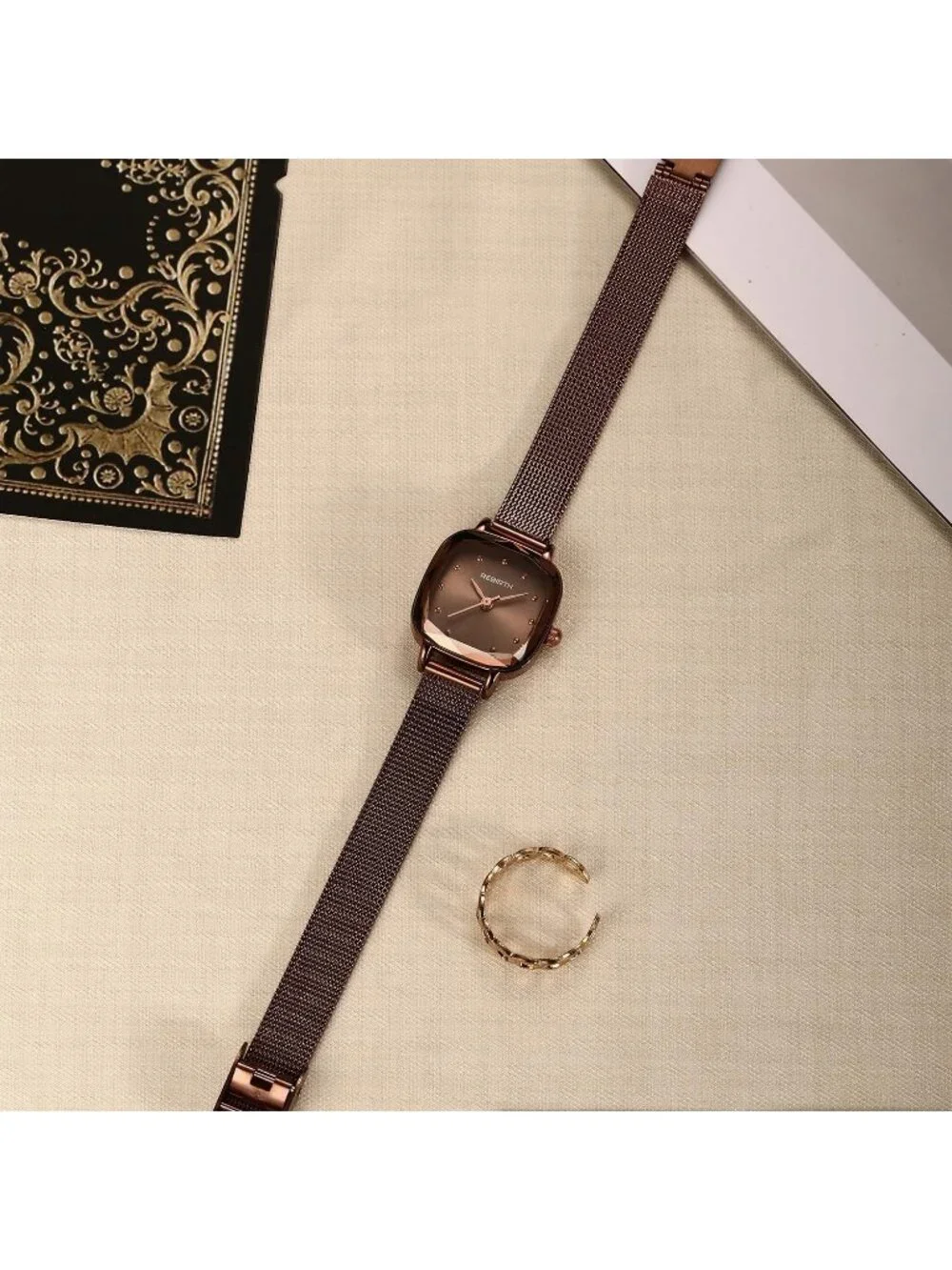 Women's Coffee Gold Square Minimalist Dial Mesh Band Crystal Case Wrist Watch